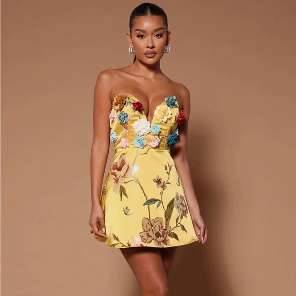 Dresses | Teresa Embroidered Floral Yellow Mini Dress Fashion Nova |  Poshmark